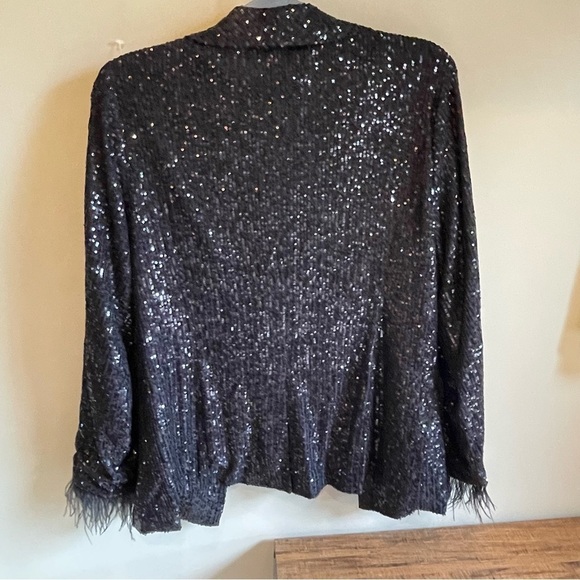 Nicole Miller Charlotte Black Sequins Feather Trimmed Jacket L - Picture 2 of 5